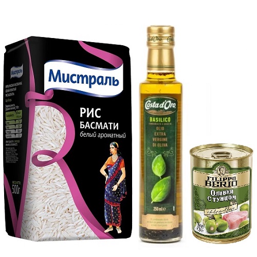 Масло оливковое, рис и оливки с тунцом